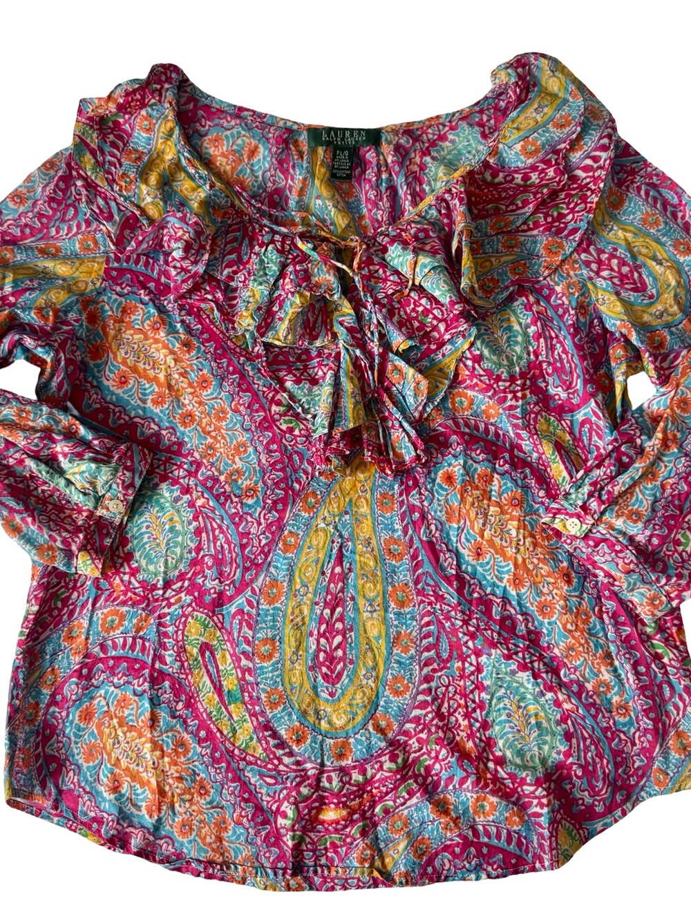 Lauren Ralph Lauren Women’s Multicolor Paisley Ruffle Tie Blouse Size Petite L